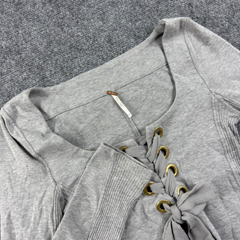 Free People Top XS Gray Lace Up Long Sleeve Ribbed Knit Women